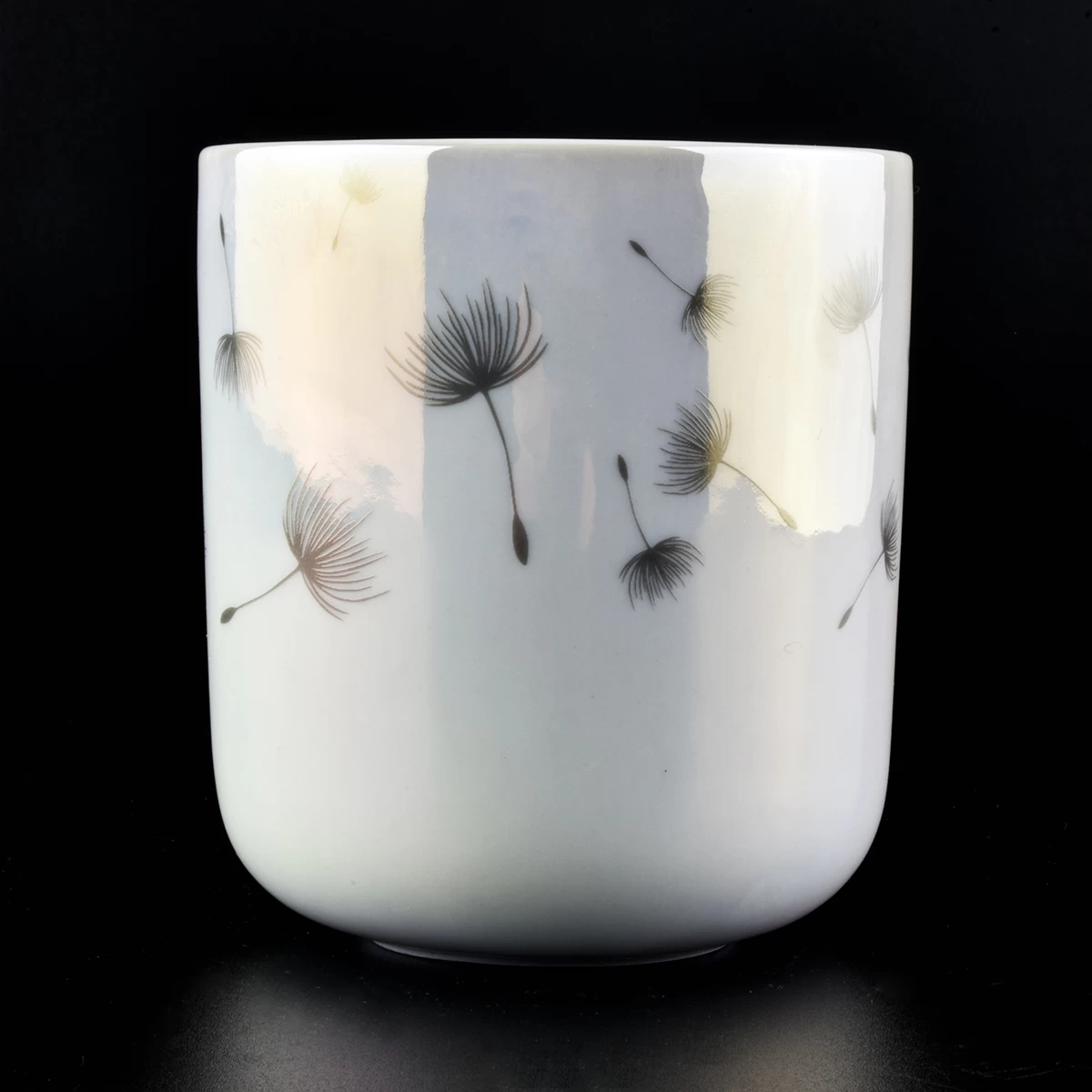 iridescent ceramic candle jars with printing