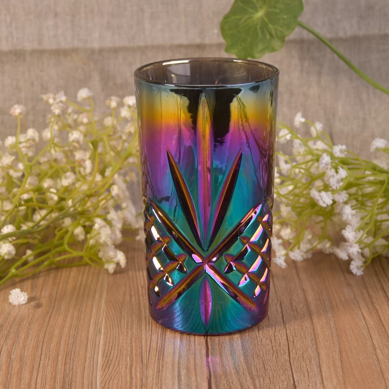Long cylinder embossed decor colorful iridescent glass candle cups 