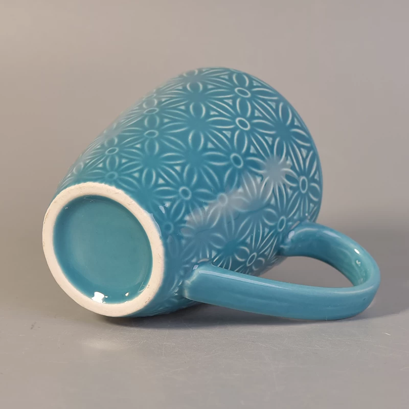 287ml Blue Glazed Ceramic Drinking Mug Candle Holders with Flower Design