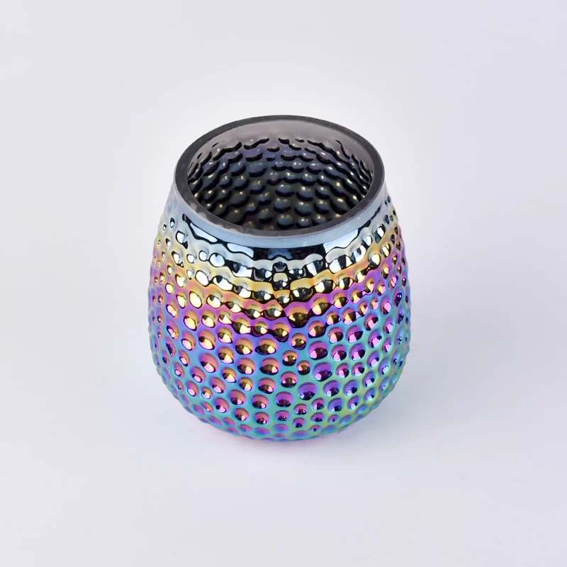 iridescent electroplated glass candle holders with hobnail pattern