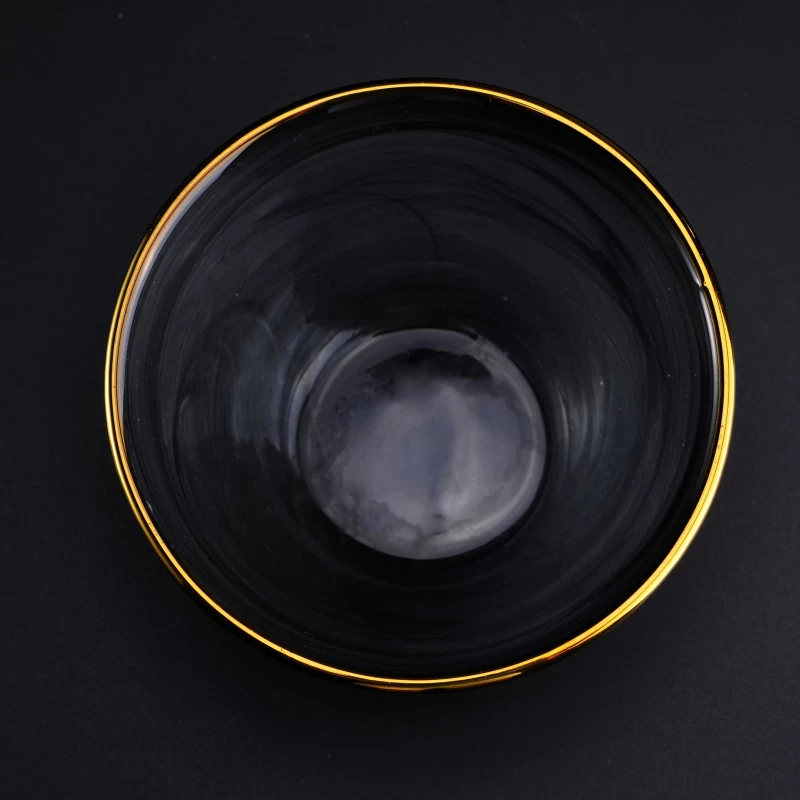 Black Bowl Shape Glass Candle Holder with Golden Rim