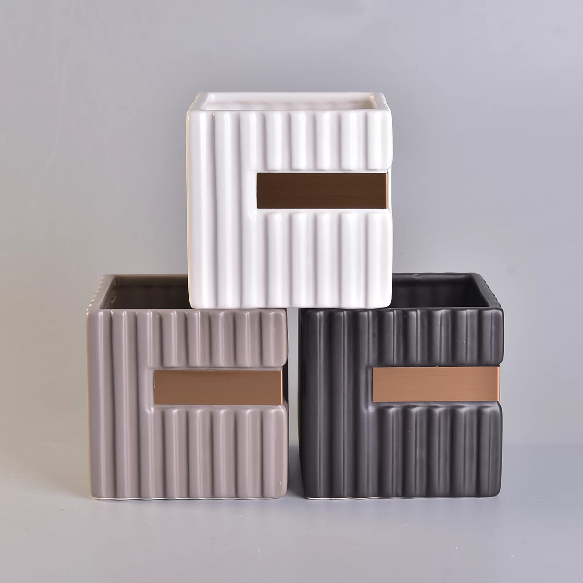 370ml Square Ceramic Candle Jar Brownish Grey Stripes Home Decoration