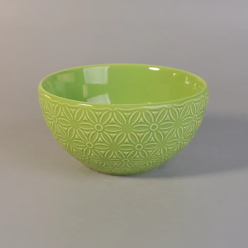 Green color embossed ceramic bowl for home decoration