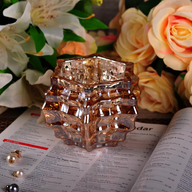 Hexagon Shape Color Sprayed Electroplated Corrosion Glass Candle Jar