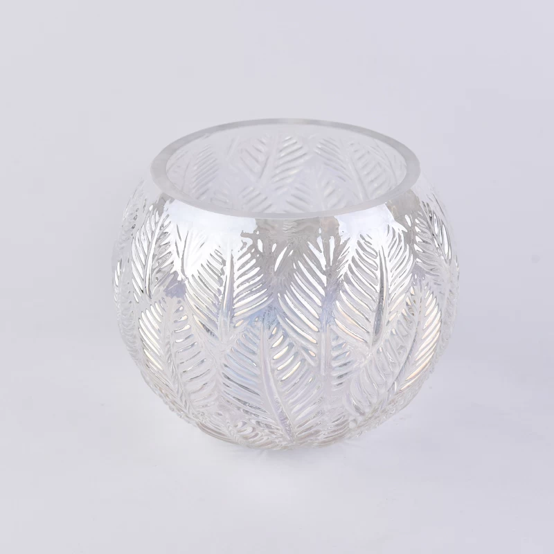 Iridescent white ball glass candle holder with leaves pattern