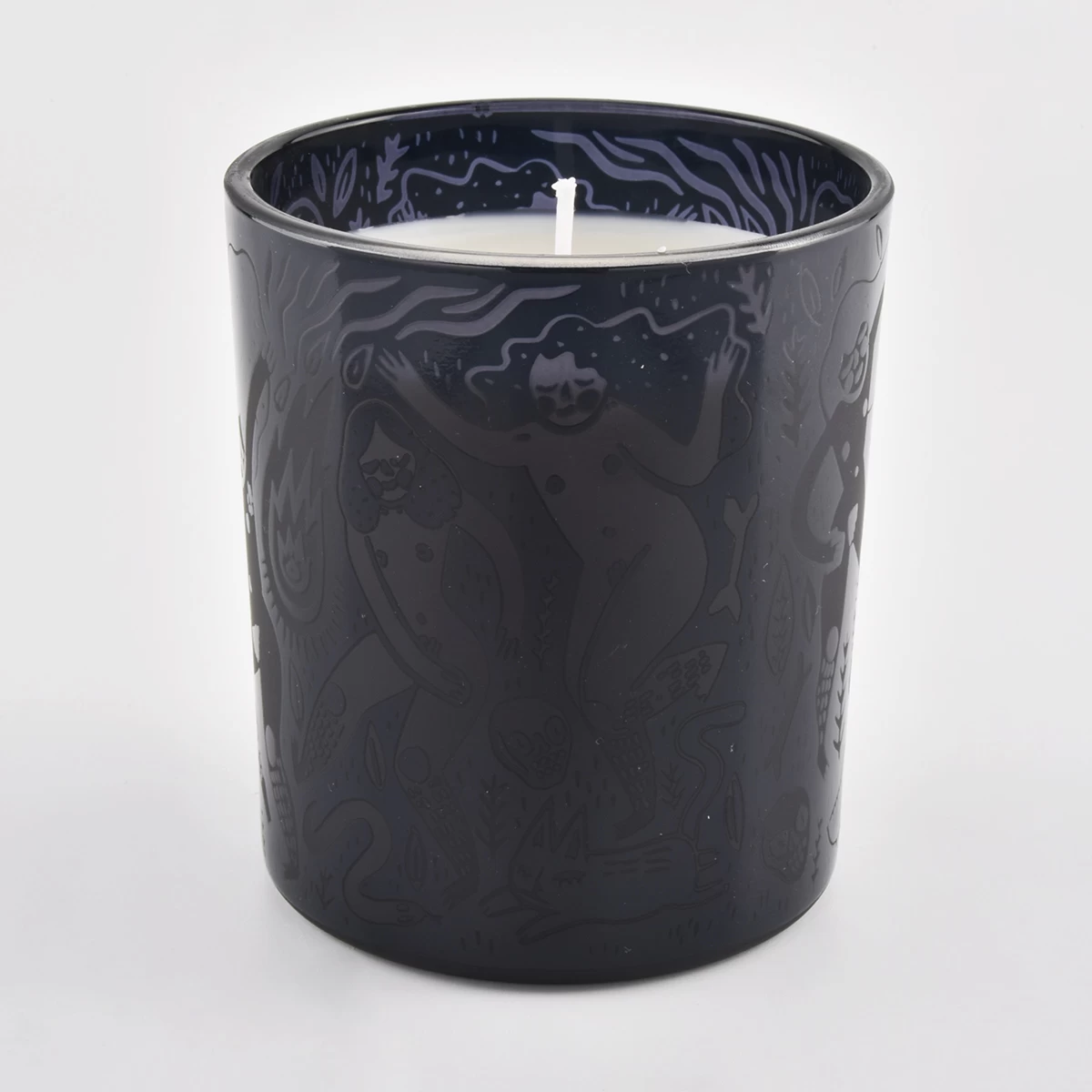 black glass candle jar 12 oz matte surface with glossy pattern