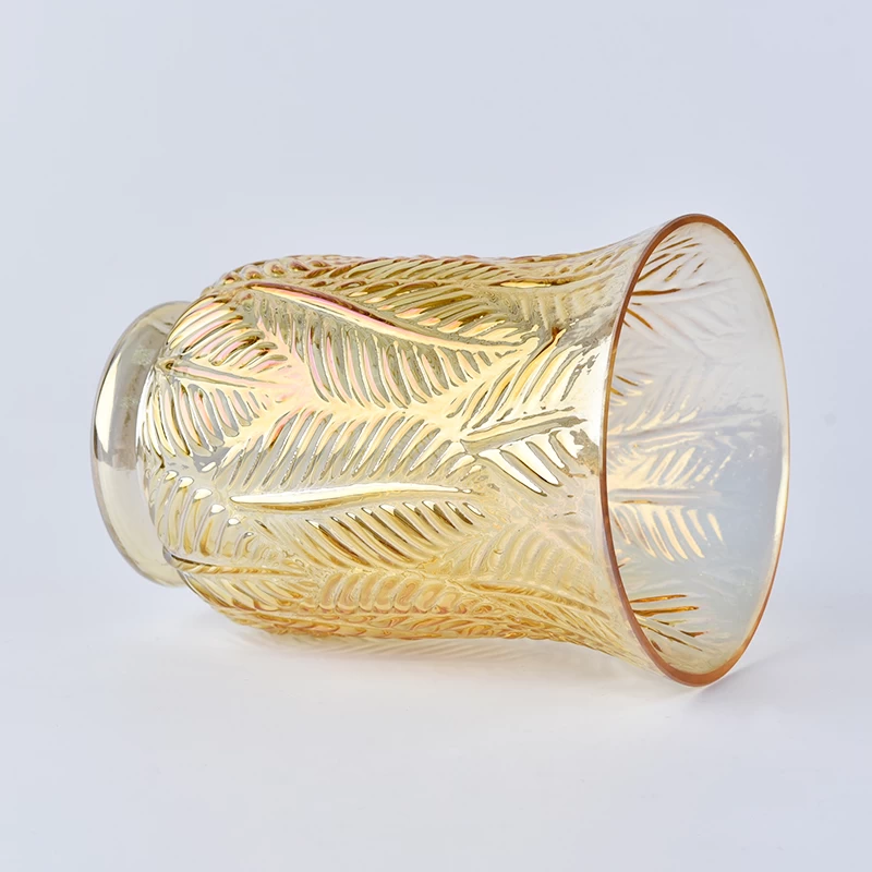 Amber color leaves embossed glass hurricane candle holder