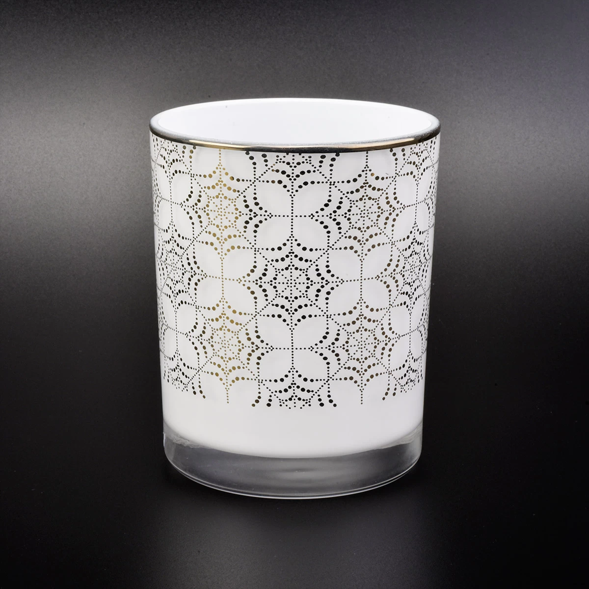 white glas candle jar with custom gold pattern