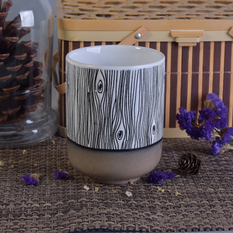 Metal color bottom wood grain glazing ceramic candle jar 