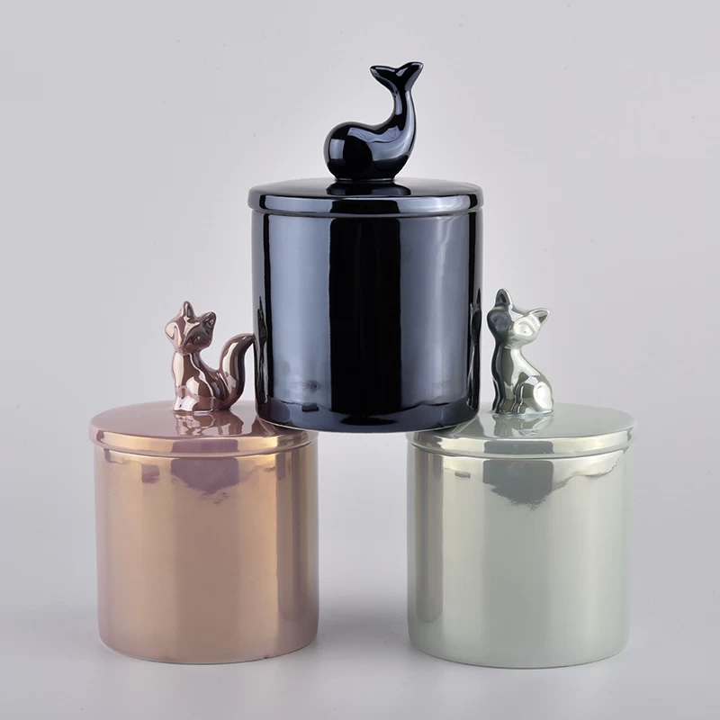 iridescent effect ceramic candle jars with animal lid