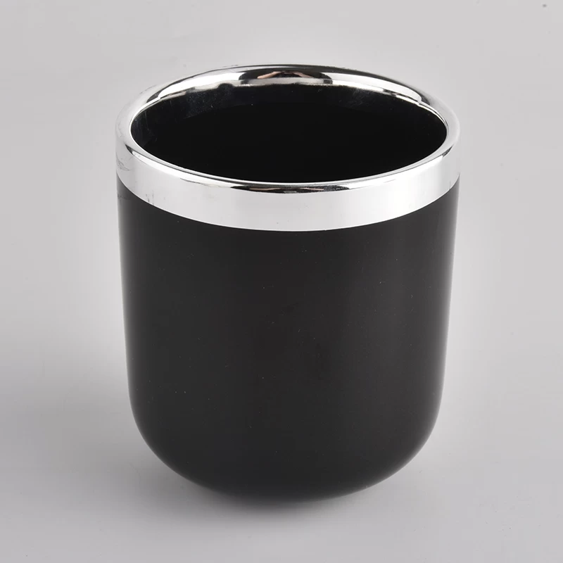 Round bottom black ceramic candle jar with gold rim 