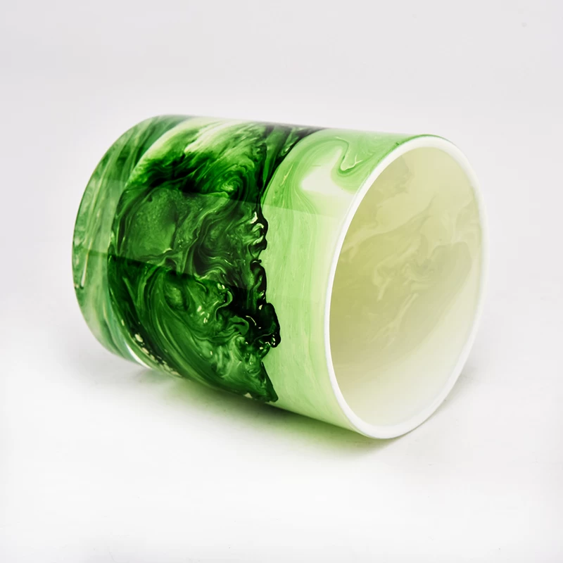custom painted green mountain glass candle vessel for Spring