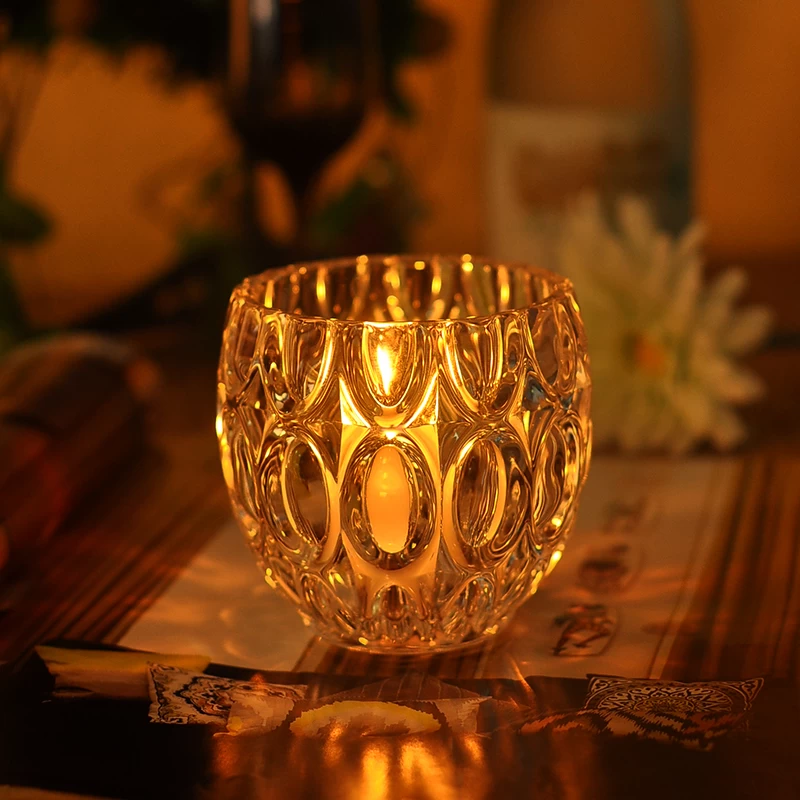 Round engraved pattern clear glass candle holder