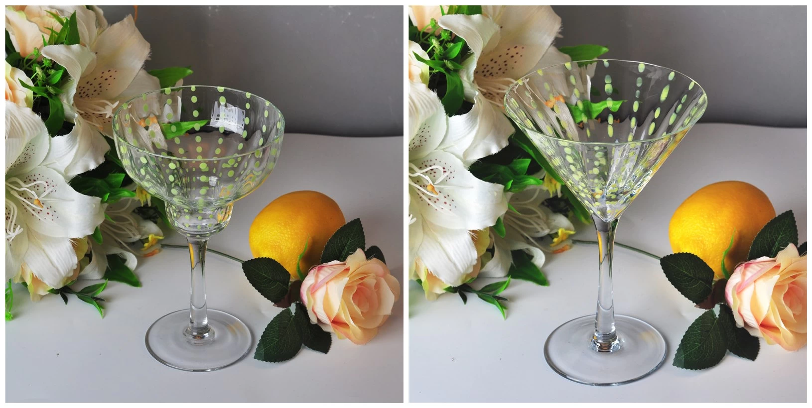 400ml Clear Mouth Blown Martini Glass with Green Dot