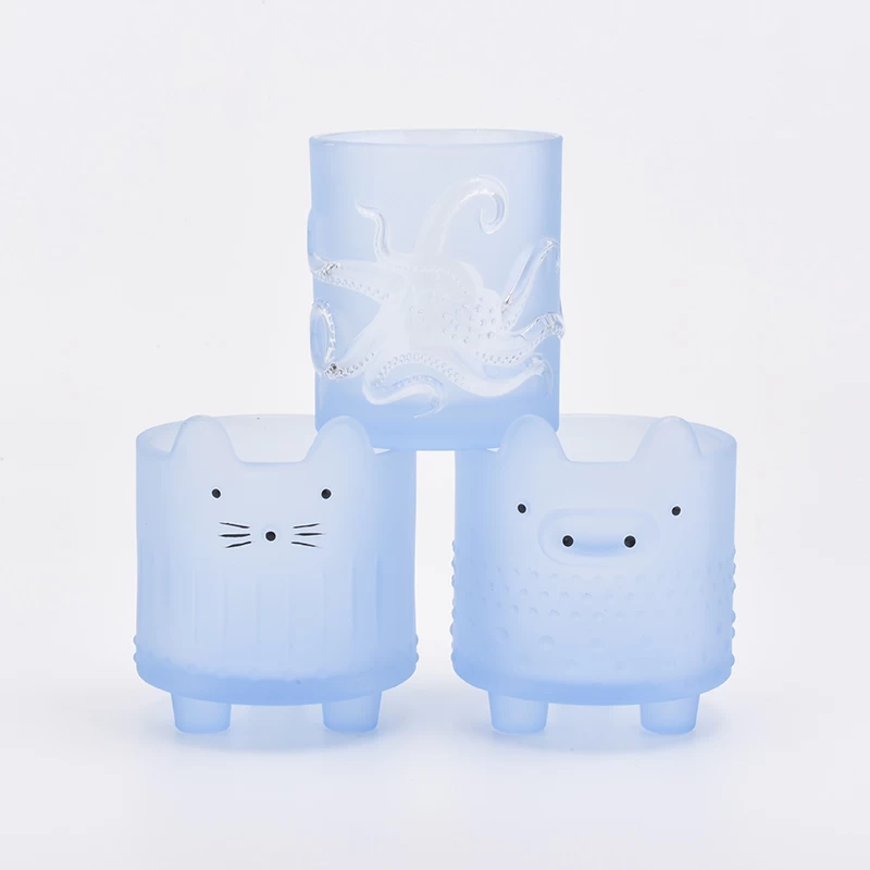 400ml lovely cat face glass candle holder with matte blue color