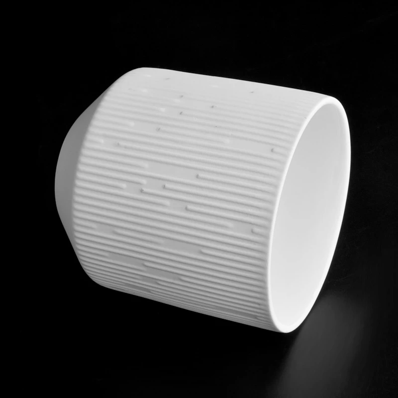 Tapered bottom ceamic candle jar with white stripe wholesale