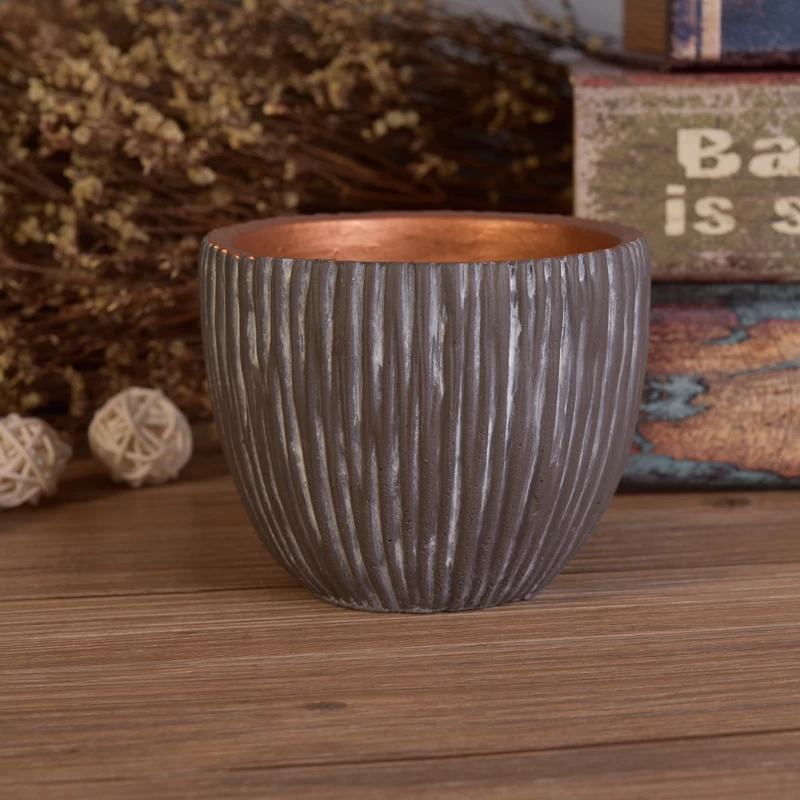 Antique copper painted line debossed concrete candle jar