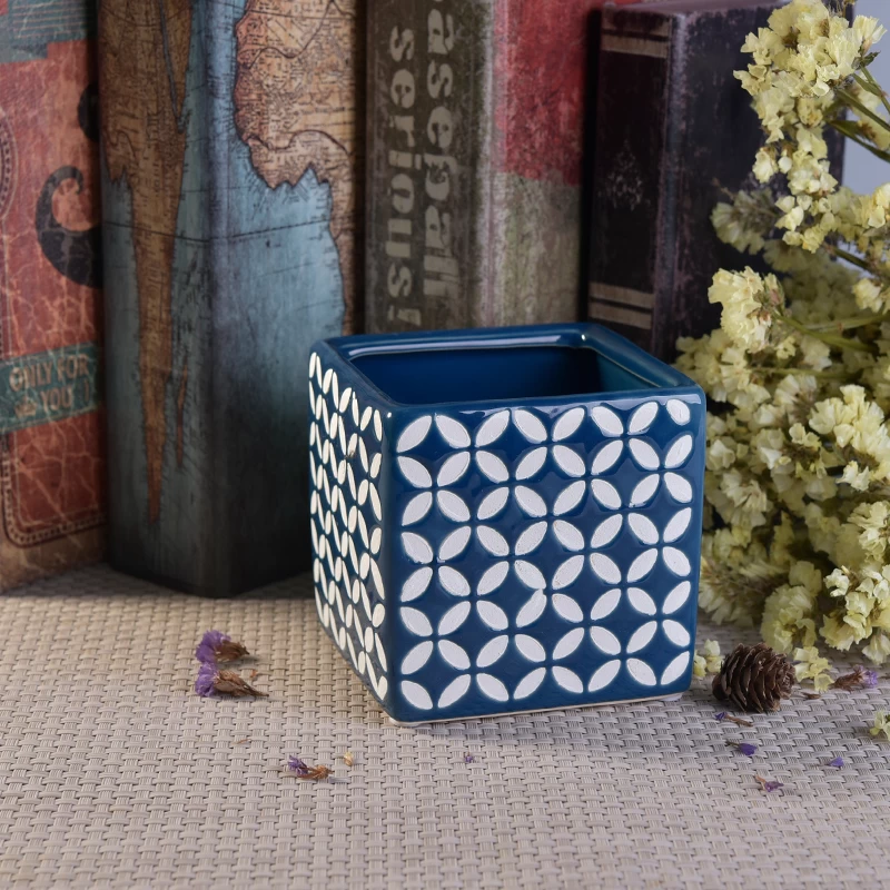 Antique navy blue embossed square ceramic candle jars wholesale