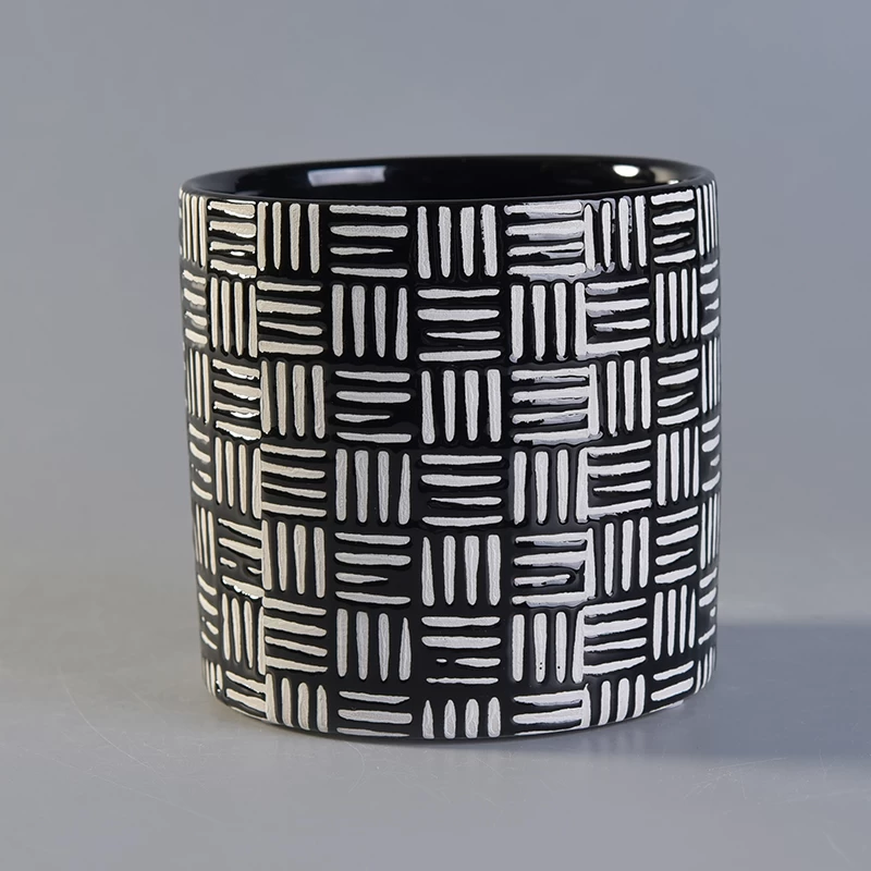 Black embossed painted cylinder ceramic candle jars wholesale