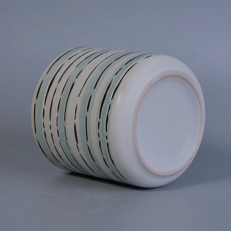Hand made blue white line painted ceramic soy wax container jar 