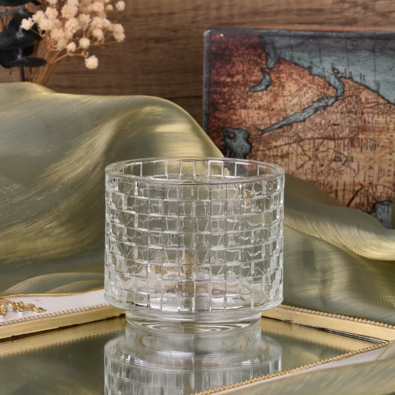 Wholesale customized clear glass candle jar with square pattern