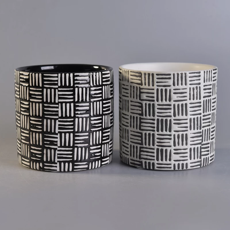 Cylinder Black Stamped Printing Ceramic Candle Holders