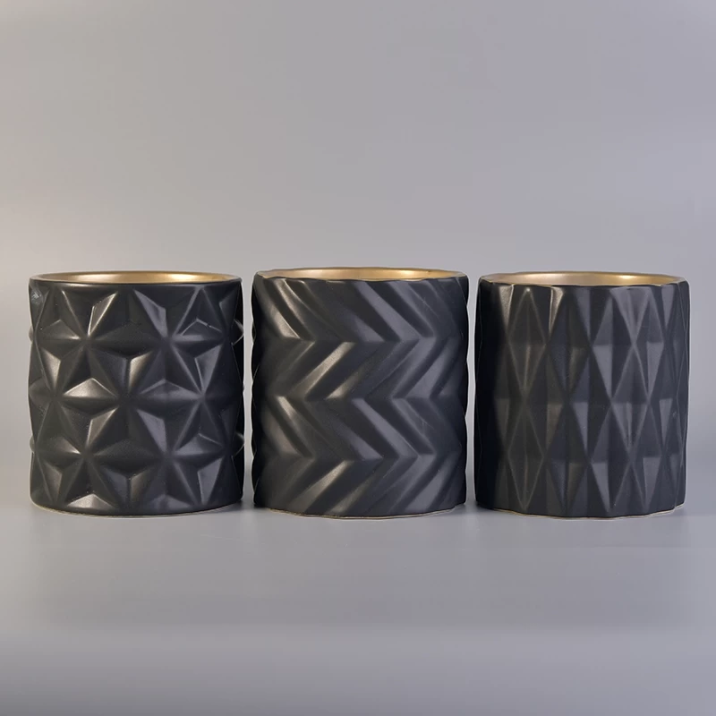 Matt black engraved cylinder ceramic candle jars wholesale