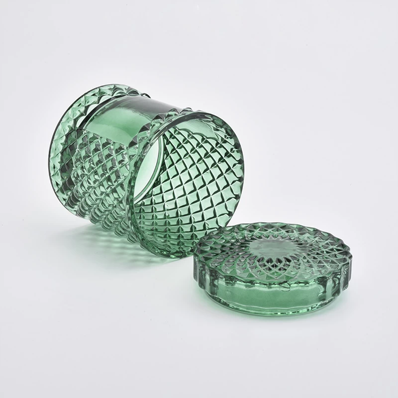 GEO Cut Green Translucent Glass Candle Jars With Lids