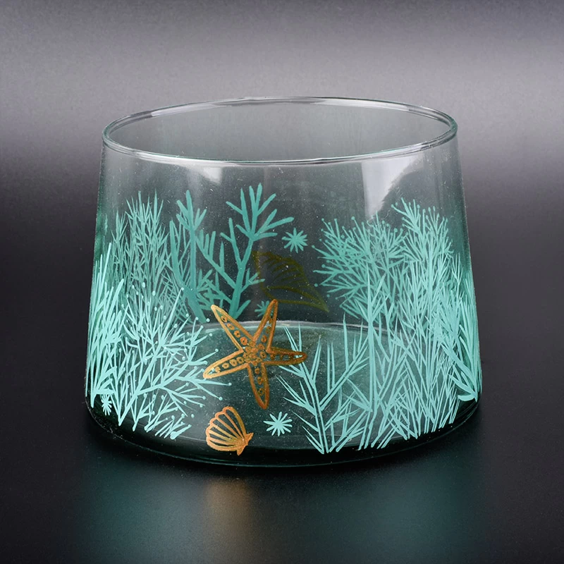 machine blown glass candle vessel with sea grass painting 