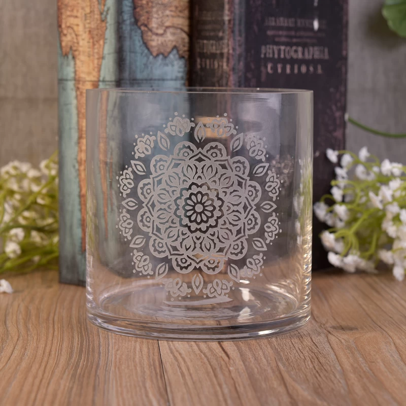 Laser engraved flower clear glass candle holders