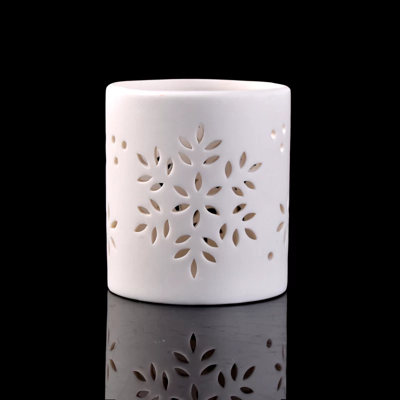 Matte White Ceramic Tealight Candle Holder with Pierced Leaves Pattern