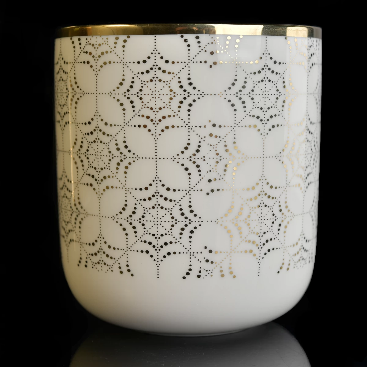 white ceramic candle vessel with metallic gold print