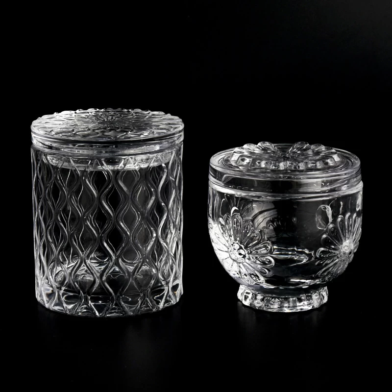 Popular clear glass flower pattern candle jar with lid supplier