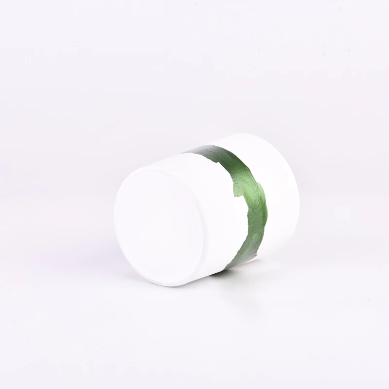 300ml white glass candle jars with green hand painting effecting wholesale