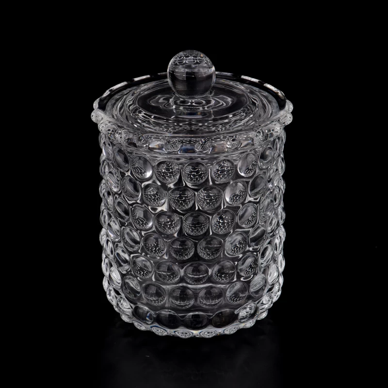 12oz pearl embossed pattern clear glass candle vessel with lid