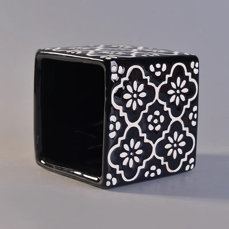 New arrived black square ceramic candle holder with custom print