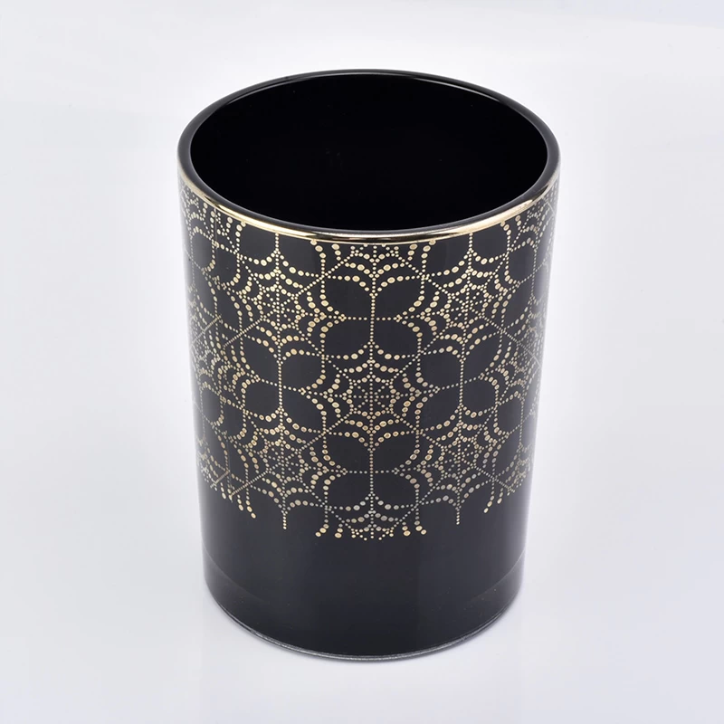 black glass jar with gold print for candles