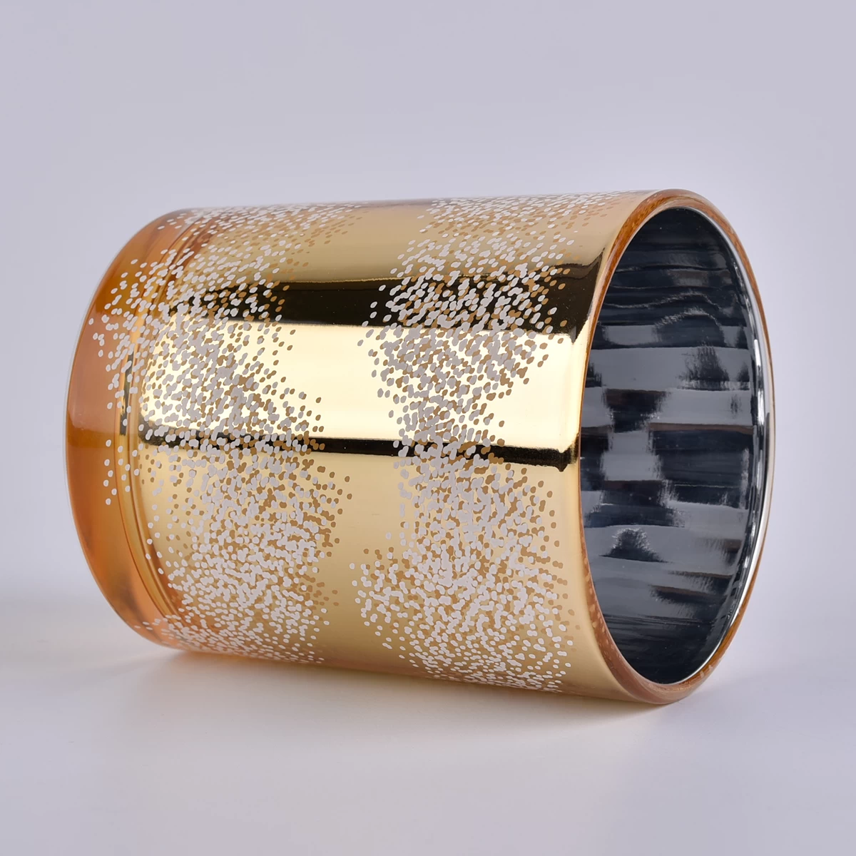 Cylinder gold glass candle jar with white dots prints