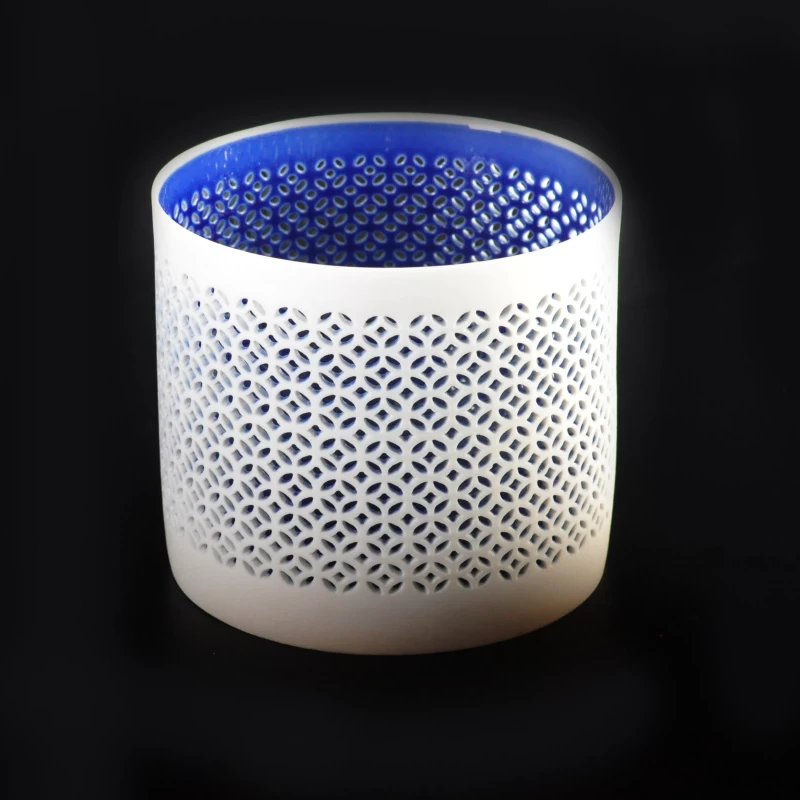 Ceramic votive candle holder with outside Matte white inside matte blue