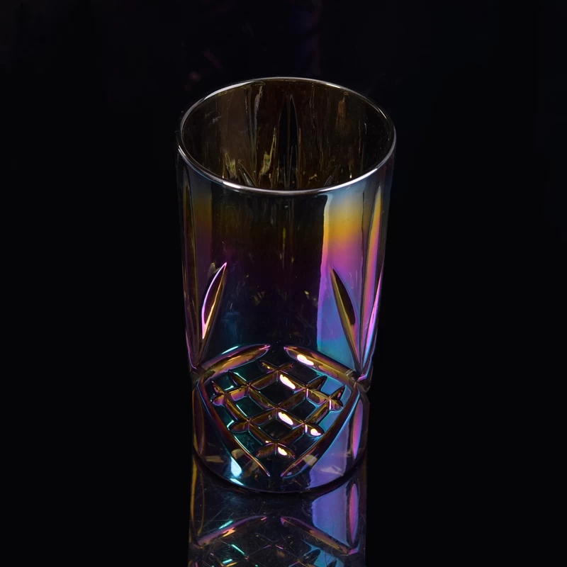 Long cylinder embossed decor colorful iridescent glass candle cups 