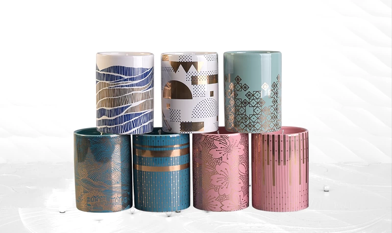 11oz golden decal cylinder ceramic candle vessels wholesale