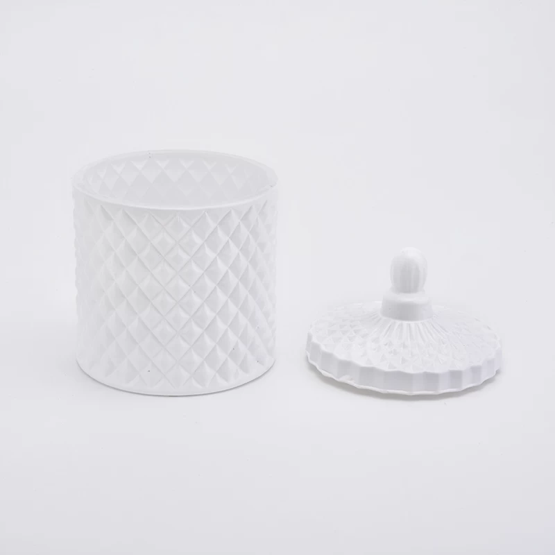 white geo cut glass candle holder with lid 