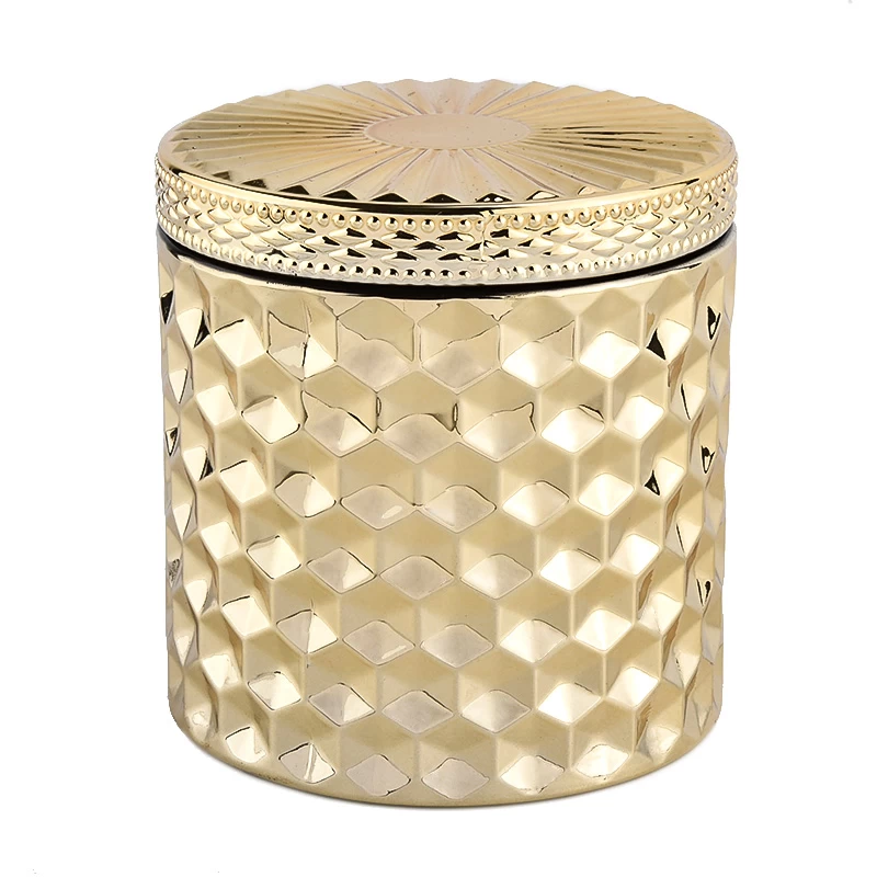 Diamond Glass Candle Jar With Lids Gold Glass Candle Vessels Wholesale