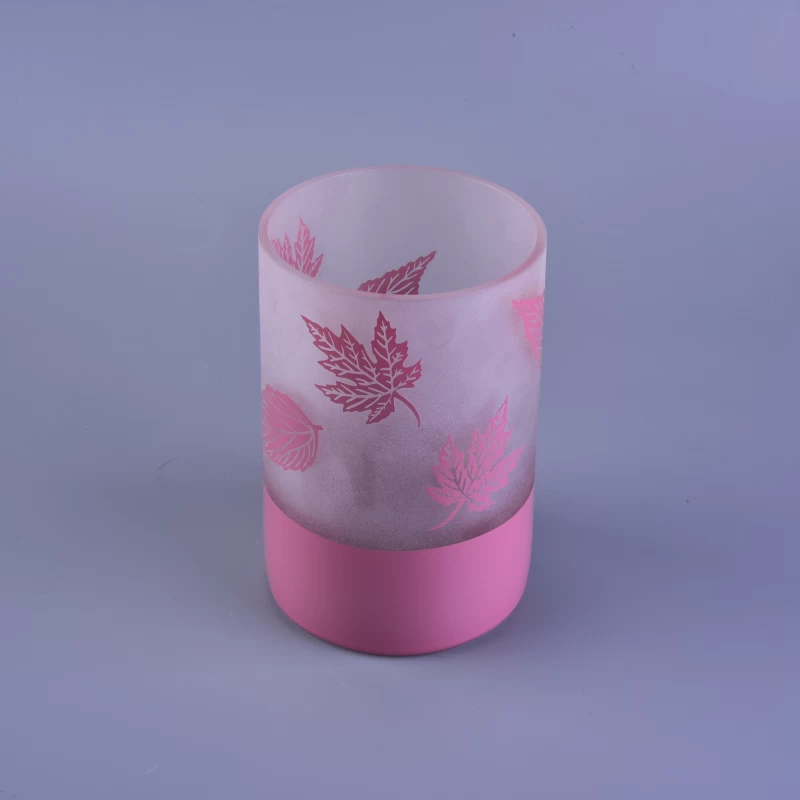 Pink tall container glass votive candle holder with leave pattern