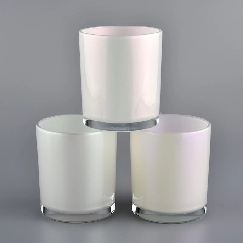 white iridescent glass candle holders