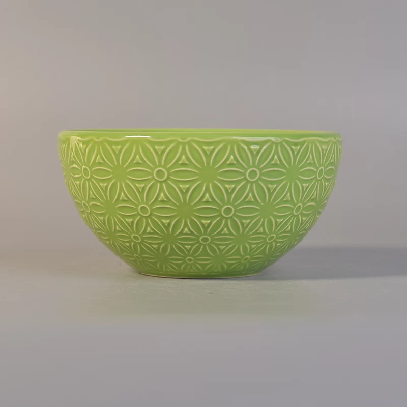 Green color embossed ceramic bowl for home decoration