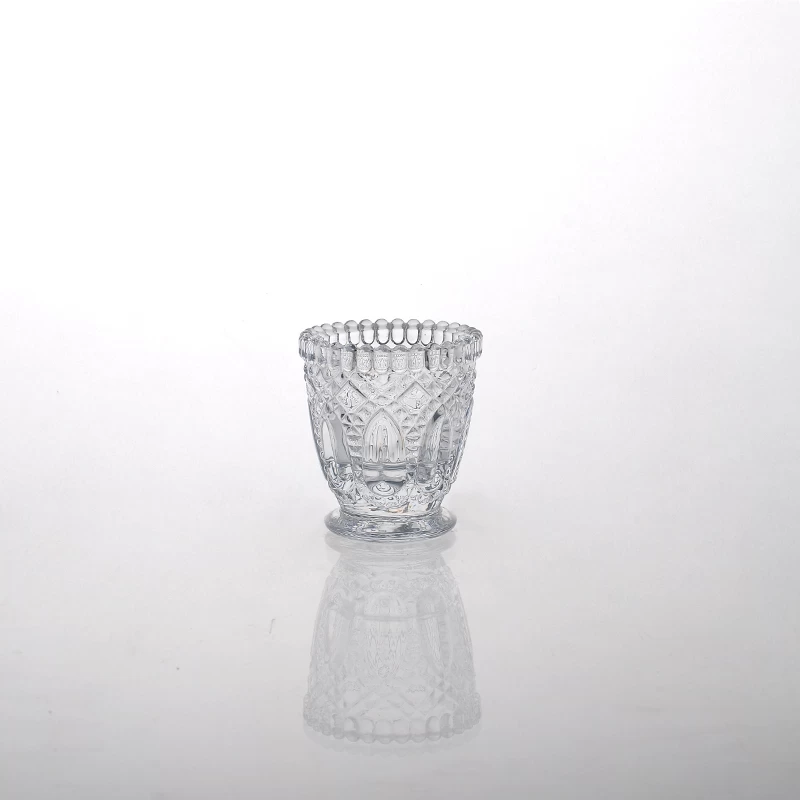 Embossed Flower Pattern Clear Glass Candle Holder