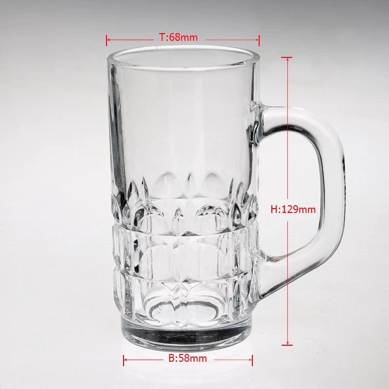 Tall clear glass beer mug with handle