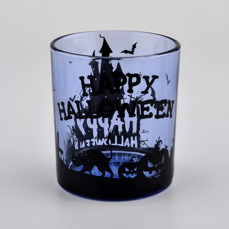 light blue halloween pumpkin picture glass candle holders