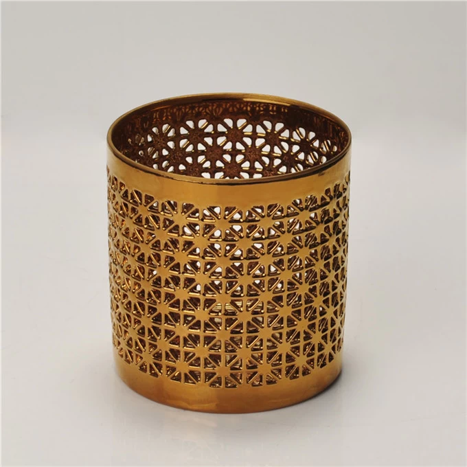Golden Cylinder hollow out ceramic candle holder